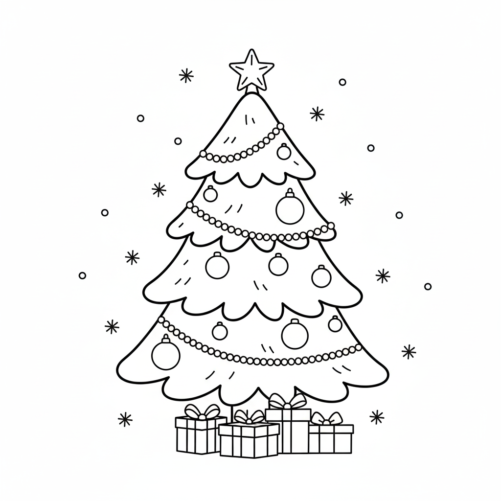 christmas tree coloring page with gifts