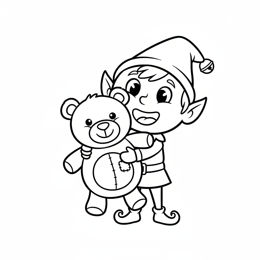 elf holding teddy bear coloring page