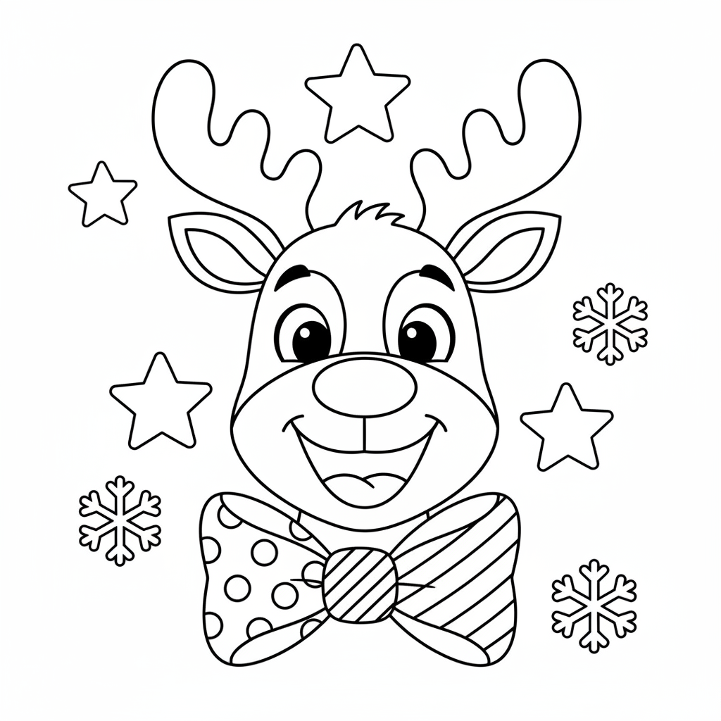 happy reindeer christmas coloring page stars snowflakes