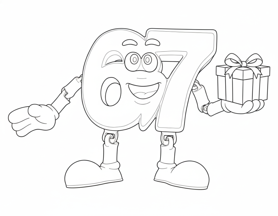 number 67 cartoon character with gift coloring page