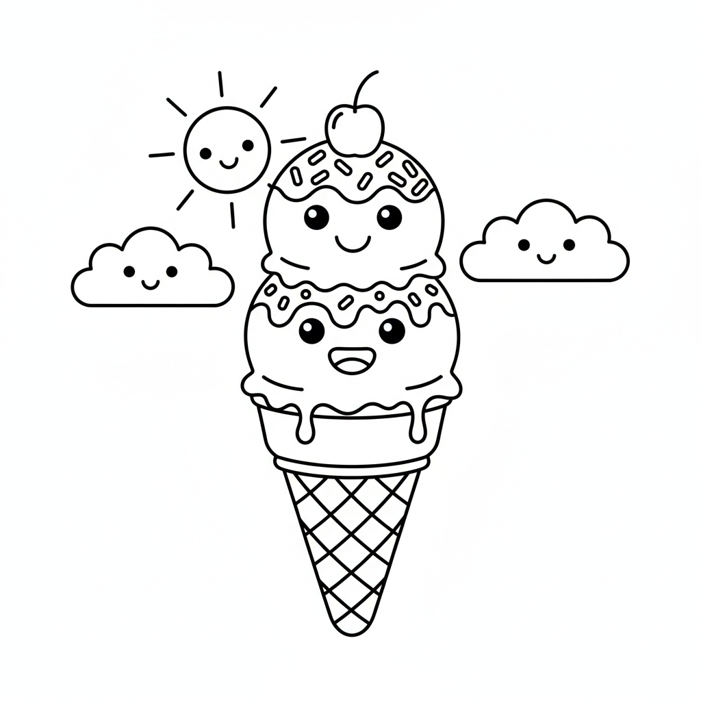 cute ice cream sun clouds coloring page